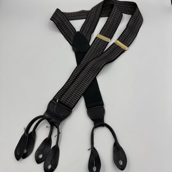 CAS Suspenders Germany Black Silk Ribbon Leather Button Tabs Gray - Picture 1 of 11